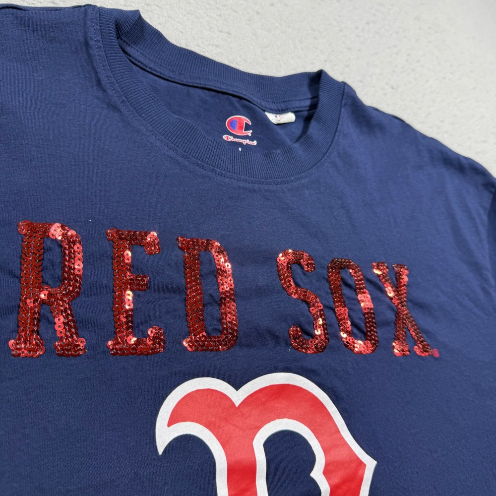 Champion Boston Red Sox Navy Blue Sequin Graphic Cropped T-Shirt Womens Large
